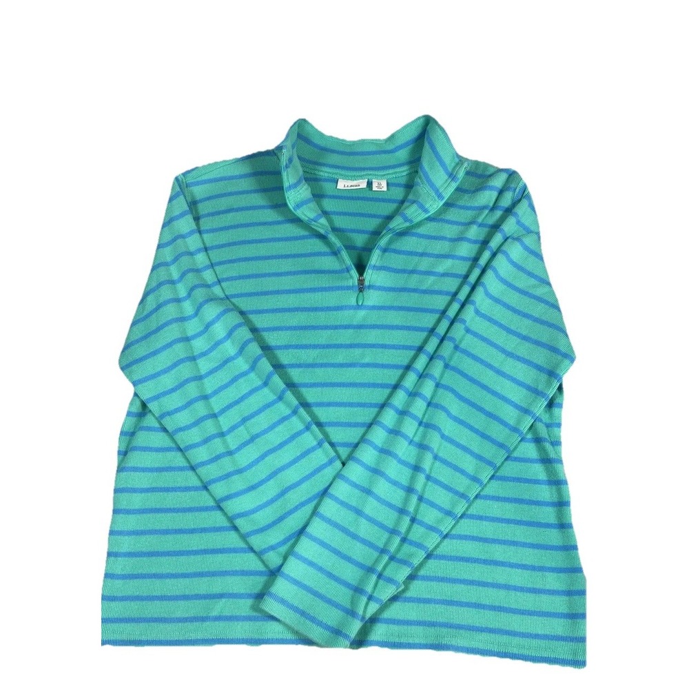 LL Bean Sweater Womens XL Green Blue Striped‎ 1/4 Zip Mock Neck Knit Pullover